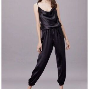 NWT LNA Cowl Cami Draped Neckline Elastic Hem Black Crinkle Jumpsuit Romper S